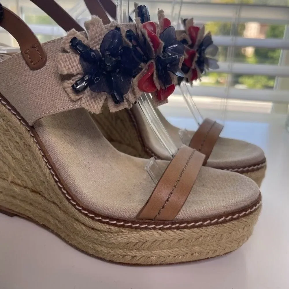 Tory Burch Linen Espadrille Wedge 7.5 Double Strap Sandals Boho Floral Jeweled